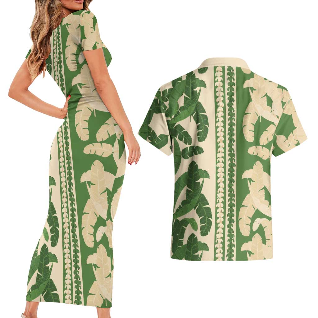 Hawaii Pua Kenikeni Lei Couples Matching Short Sleeve Bodycon Dress and Hawaiian Shirt With Lau Maia Green LT05 - Polynesian Pride