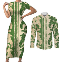 Hawaii Pua Kenikeni Lei Couples Matching Short Sleeve Bodycon Dress and Long Sleeve Button Shirt With Lau Maia Green LT05 Green - Polynesian Pride