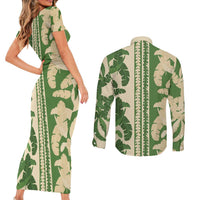 Hawaii Pua Kenikeni Lei Couples Matching Short Sleeve Bodycon Dress and Long Sleeve Button Shirt With Lau Maia Green LT05 - Polynesian Pride