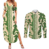 Hawaii Pua Kenikeni Lei Couples Matching Summer Maxi Dress and Long Sleeve Button Shirt With Lau Maia Green