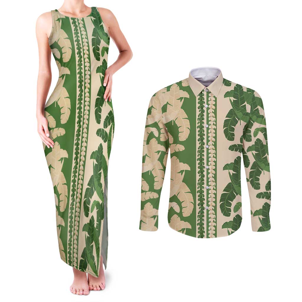 Hawaii Pua Kenikeni Lei Couples Matching Tank Maxi Dress and Long Sleeve Button Shirt With Lau Maia Green LT05 Green - Polynesian Pride