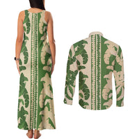 Hawaii Pua Kenikeni Lei Couples Matching Tank Maxi Dress and Long Sleeve Button Shirt With Lau Maia Green LT05 - Polynesian Pride