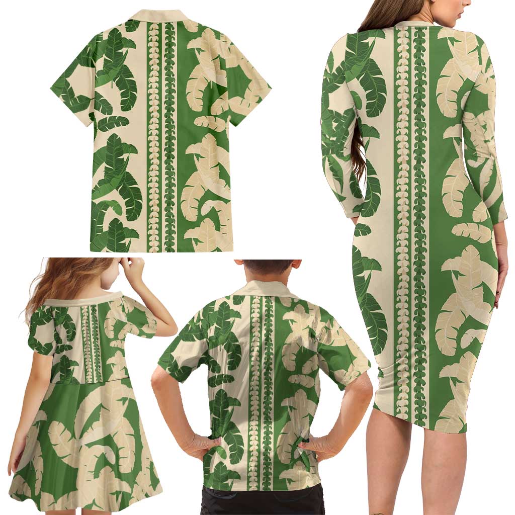 Hawaii Pua Kenikeni Lei Family Matching Long Sleeve Bodycon Dress and Hawaiian Shirt With Lau Maia Green LT05 - Polynesian Pride