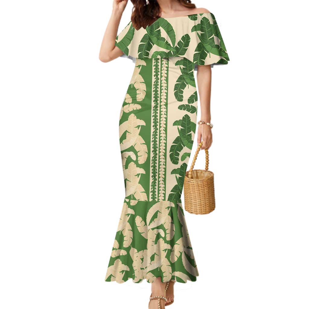 Hawaii Pua Kenikeni Lei Family Matching Mermaid Dress and Hawaiian Shirt With Lau Maia Green LT05 Mom's Dress Green - Polynesian Pride