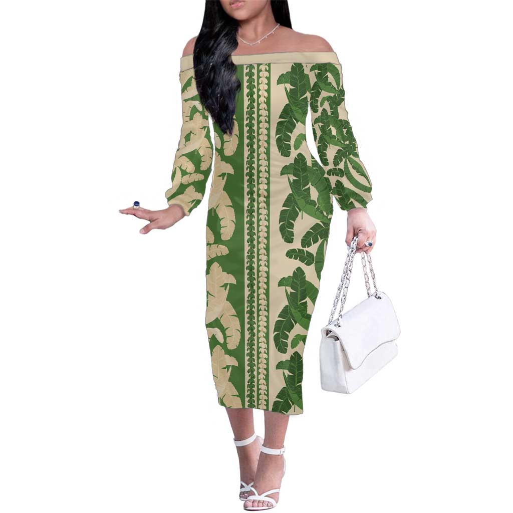 Hawaii Pua Kenikeni Lei Family Matching Off The Shoulder Long Sleeve Dress and Hawaiian Shirt With Lau Maia Green LT05 Mom's Dress Green - Polynesian Pride