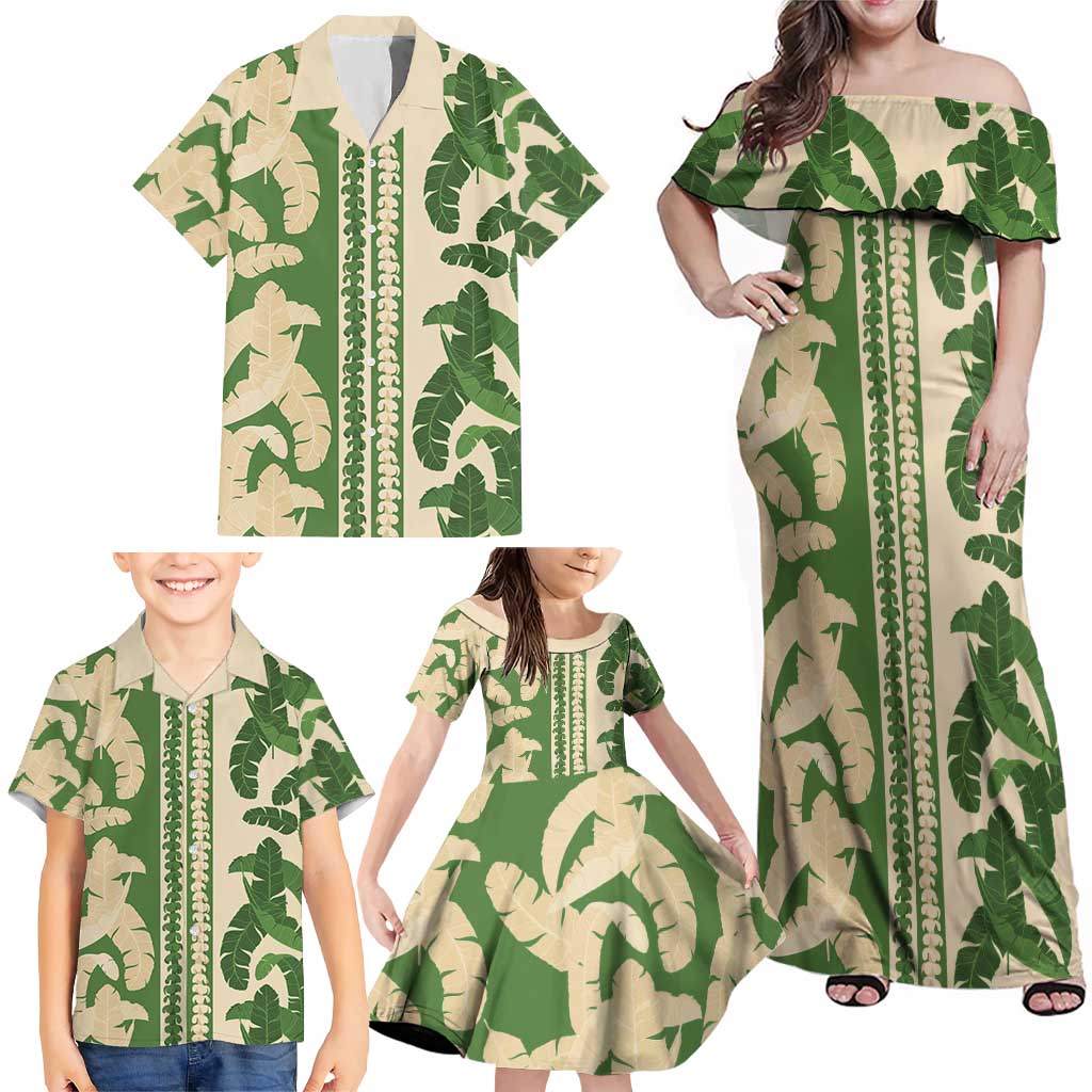 Hawaii Pua Kenikeni Lei Family Matching Off Shoulder Maxi Dress and Hawaiian Shirt With Lau Maia Green LT05 - Polynesian Pride