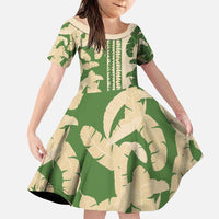 Hawaii Pua Kenikeni Lei Family Matching Off Shoulder Short Dress and Hawaiian Shirt With Lau Maia Green LT05 Daughter's Dress Green - Polynesian Pride