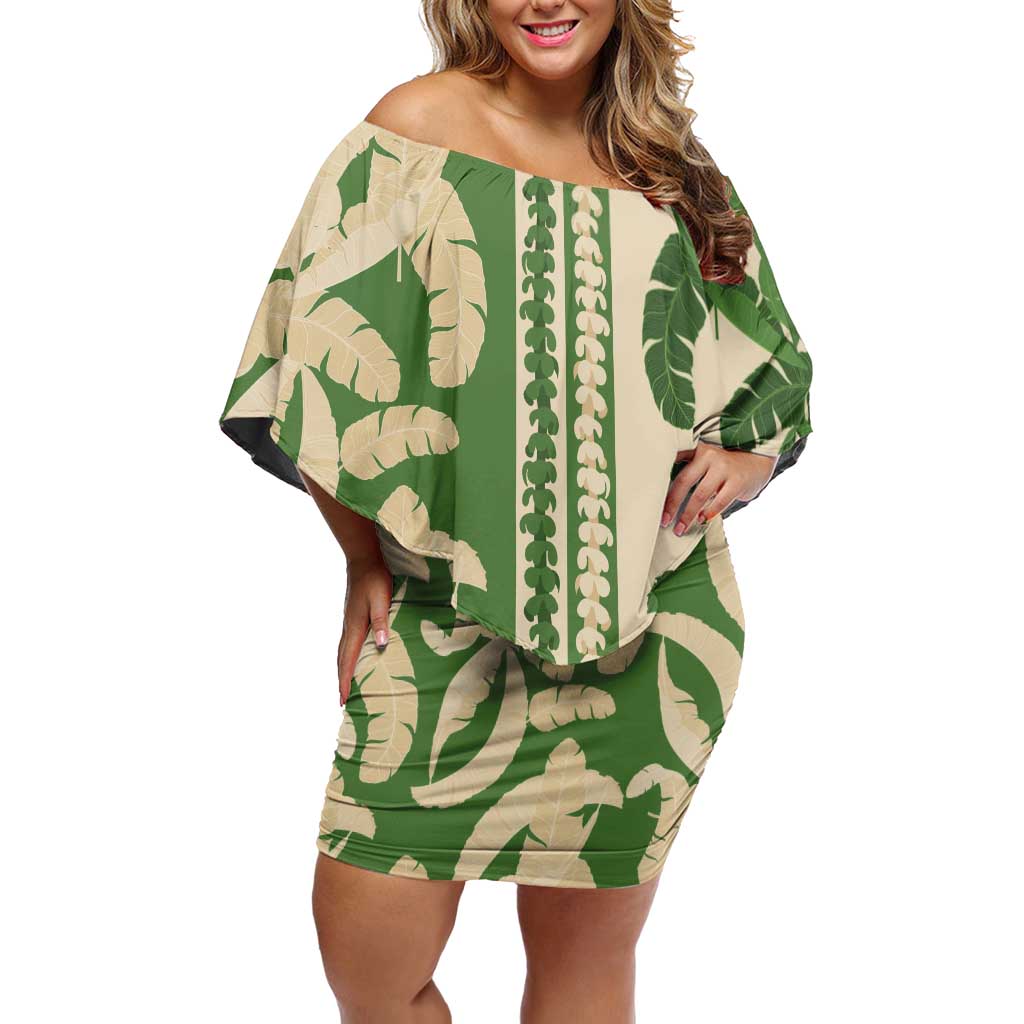 Hawaii Pua Kenikeni Lei Family Matching Off Shoulder Short Dress and Hawaiian Shirt With Lau Maia Green LT05 Mom's Dress Green - Polynesian Pride