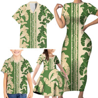 Hawaii Pua Kenikeni Lei Family Matching Short Sleeve Bodycon Dress and Hawaiian Shirt With Lau Maia Green LT05 - Polynesian Pride