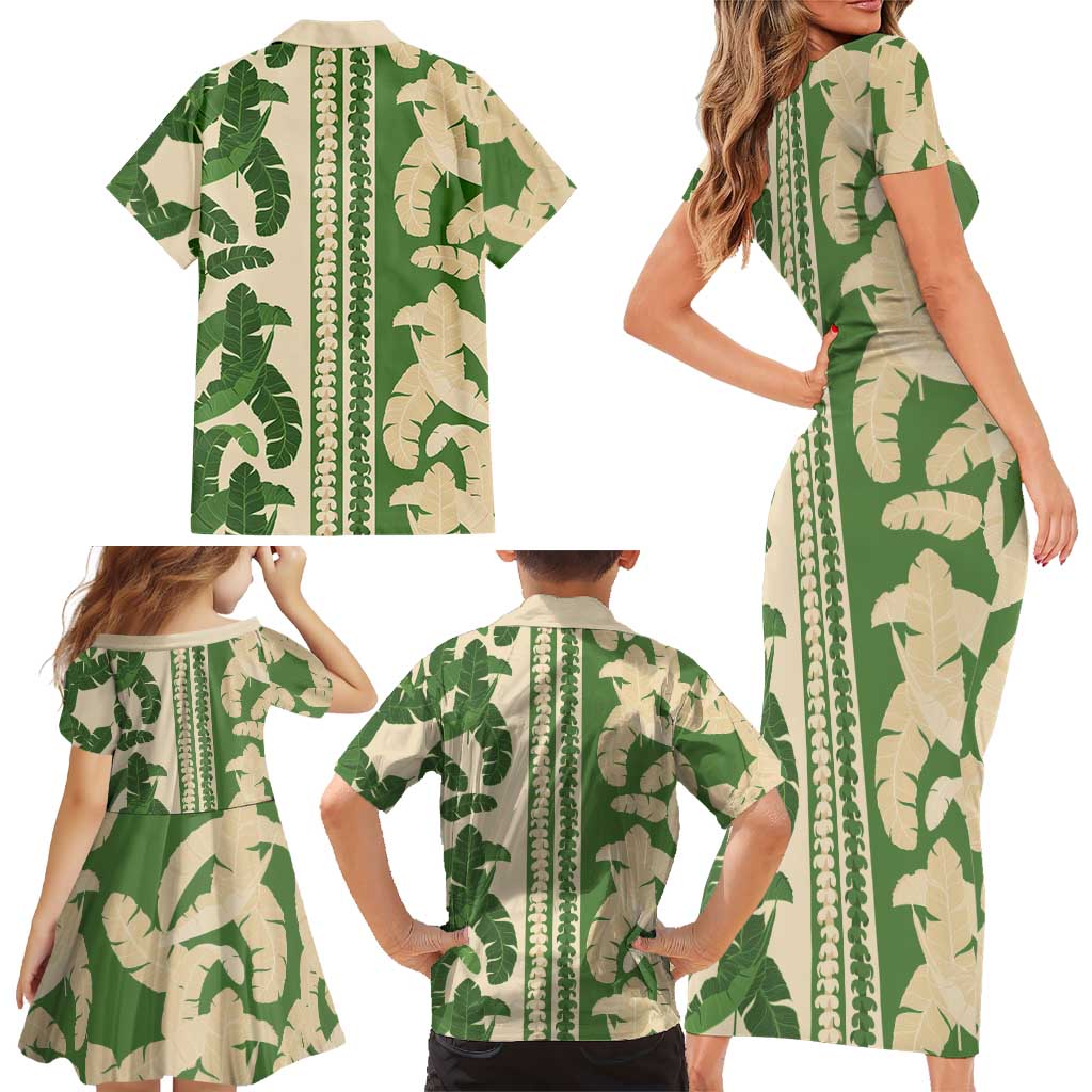 Hawaii Pua Kenikeni Lei Family Matching Short Sleeve Bodycon Dress and Hawaiian Shirt With Lau Maia Green LT05 - Polynesian Pride
