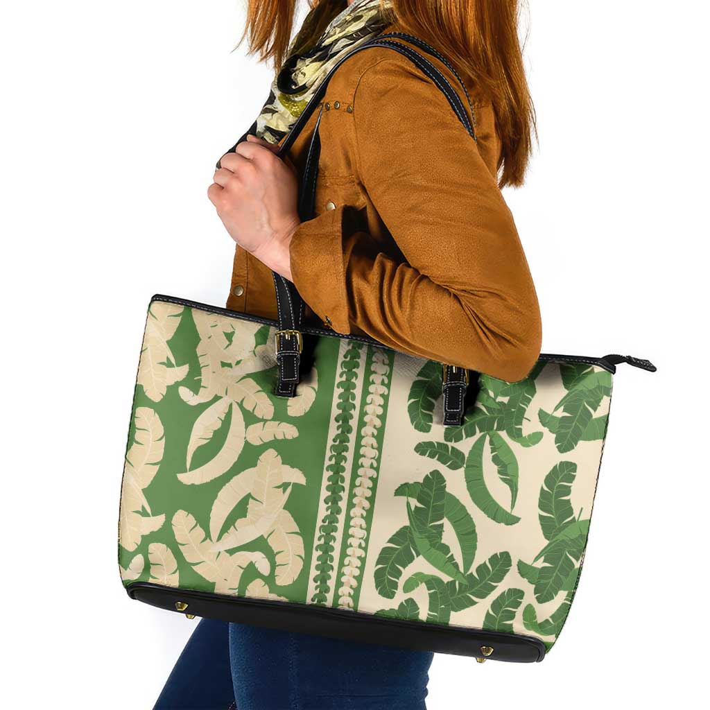 Hawaii Pua Kenikeni Lei Leather Tote Bag With Lau Maia Green