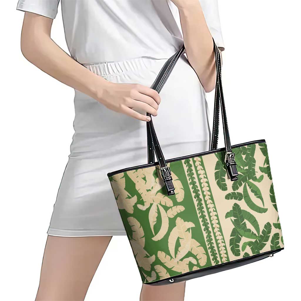 Hawaii Pua Kenikeni Lei Leather Tote Bag With Lau Maia Green