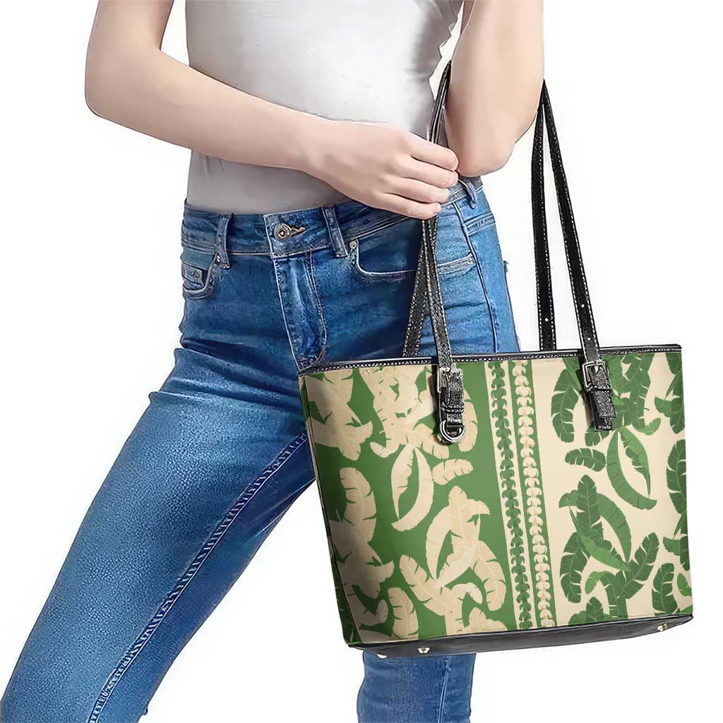 Hawaii Pua Kenikeni Lei Leather Tote Bag With Lau Maia Green