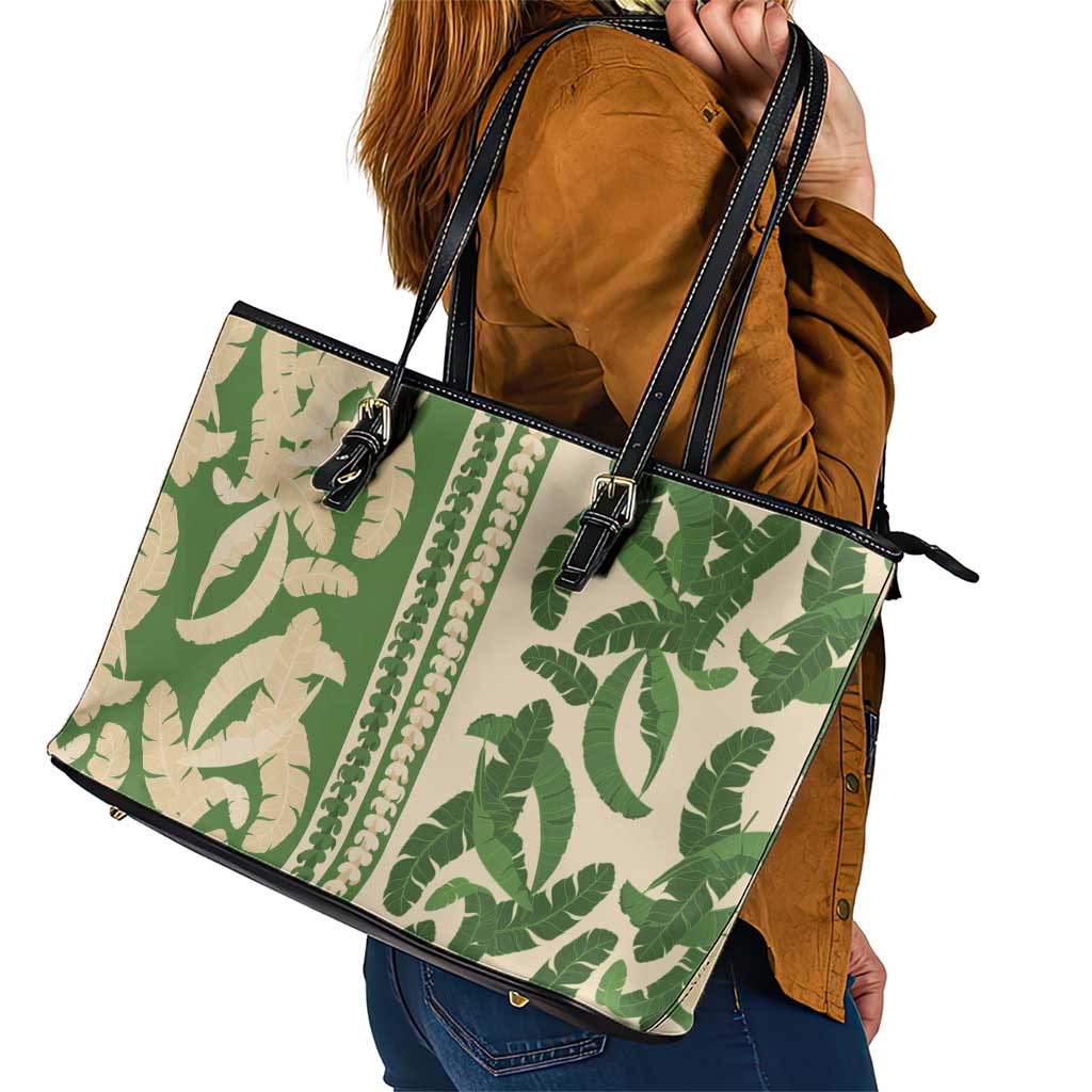 Hawaii Pua Kenikeni Lei Leather Tote Bag With Lau Maia Green