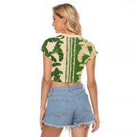 Hawaii Pua Kenikeni Lei Raglan Cropped T Shirt With Lau Maia Green