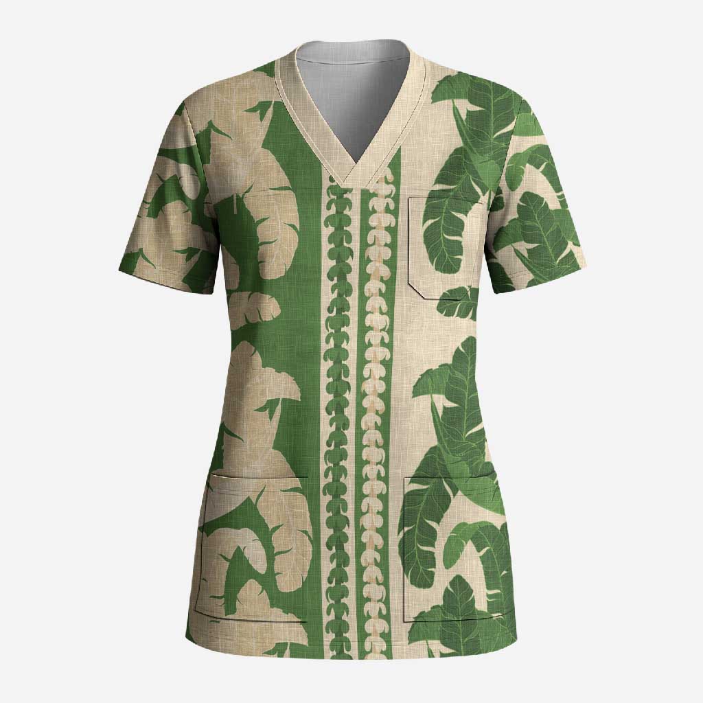 Hawaii Pua Kenikeni Lei Scrub Top With Lau Maia Green