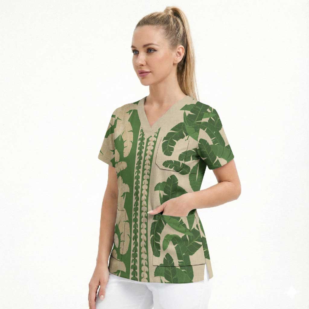 Hawaii Pua Kenikeni Lei Scrub Top With Lau Maia Green