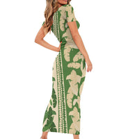 Hawaii Pua Kenikeni Lei Short Sleeve Bodycon Dress With Lau Maia Green