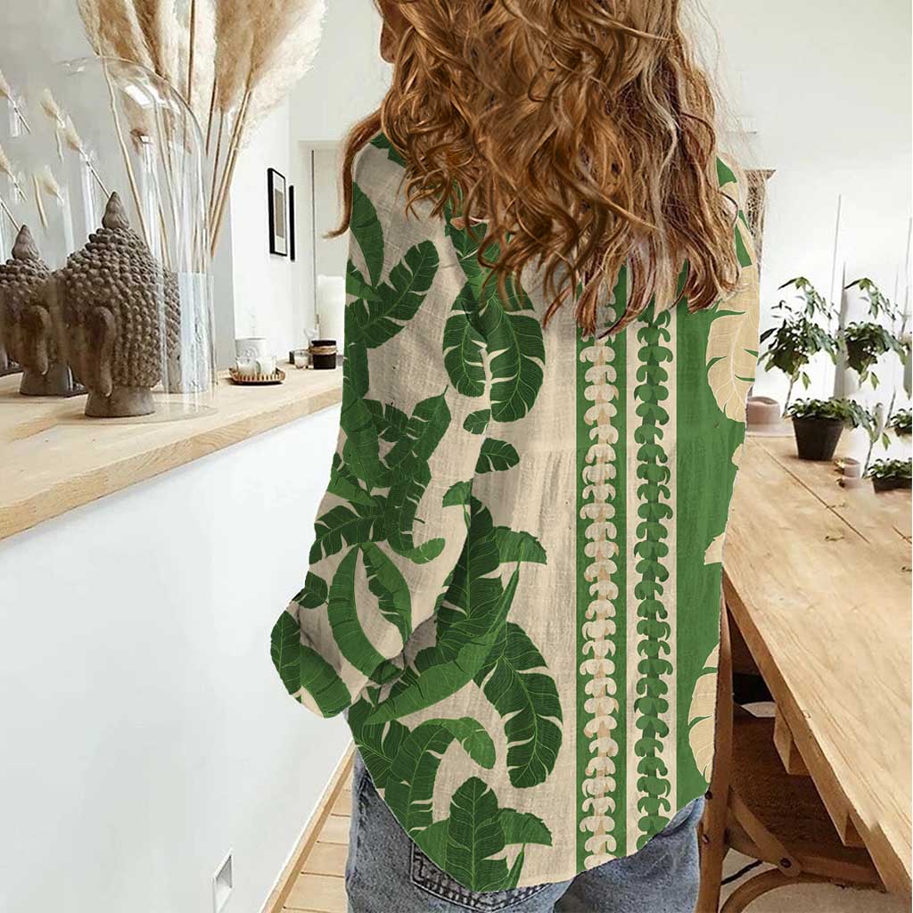 Hawaii Pua Kenikeni Lei Women Casual Shirt With Lau Maia Green