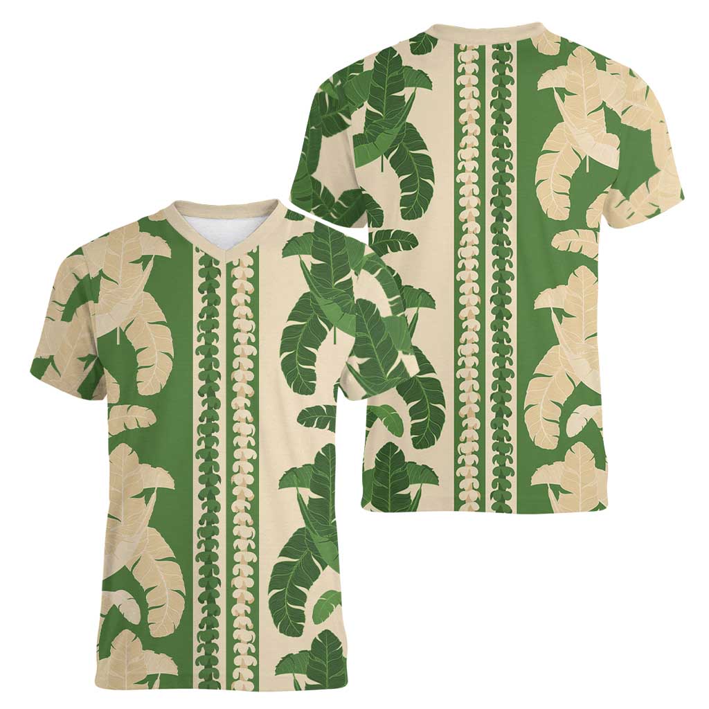 Hawaii Pua Kenikeni Lei Women V-Neck T-Shirt With Lau Maia Green LT05 - Polynesian Pride