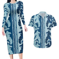 Hawaii Pua Kenikeni Lei Couples Matching Long Sleeve Bodycon Dress and Hawaiian Shirt With Lau Maia Royal Blue LT05 Blue - Polynesian Pride