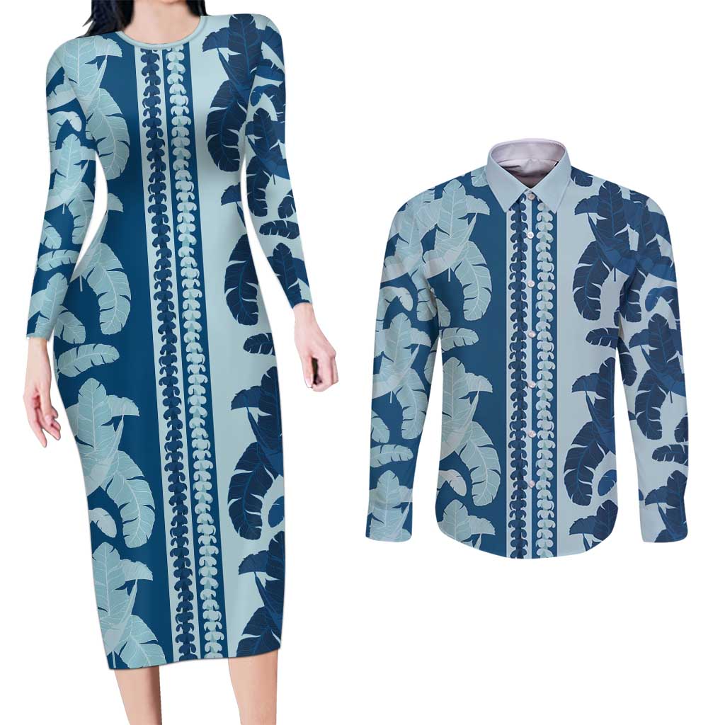 Hawaii Pua Kenikeni Lei Couples Matching Long Sleeve Bodycon Dress and Long Sleeve Button Shirt With Lau Maia Royal Blue