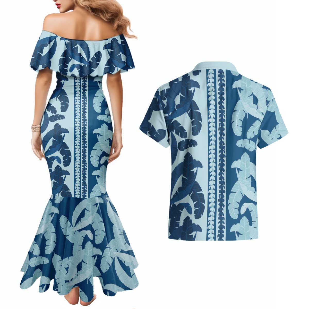 Hawaii Pua Kenikeni Lei Couples Matching Mermaid Dress and Hawaiian Shirt With Lau Maia Royal Blue LT05 - Polynesian Pride