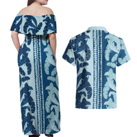 Hawaii Pua Kenikeni Lei Couples Matching Off Shoulder Maxi Dress and Hawaiian Shirt With Lau Maia Royal Blue LT05 - Polynesian Pride