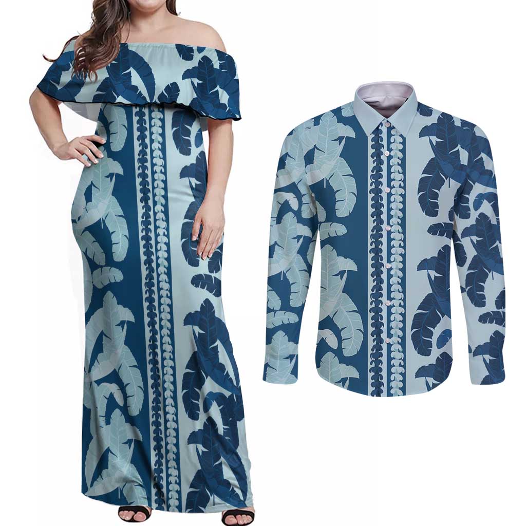 Hawaii Pua Kenikeni Lei Couples Matching Off Shoulder Maxi Dress and Long Sleeve Button Shirt With Lau Maia Royal Blue
