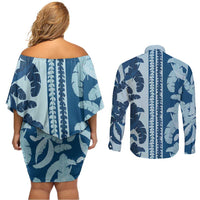 Hawaii Pua Kenikeni Lei Couples Matching Off Shoulder Short Dress and Long Sleeve Button Shirt With Lau Maia Royal Blue