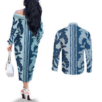 Hawaii Pua Kenikeni Lei Couples Matching Off The Shoulder Long Sleeve Dress and Long Sleeve Button Shirt With Lau Maia Royal Blue LT05 - Polynesian Pride