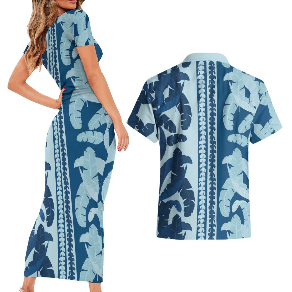 Hawaii Pua Kenikeni Lei Couples Matching Short Sleeve Bodycon Dress and Hawaiian Shirt With Lau Maia Royal Blue LT05 - Polynesian Pride