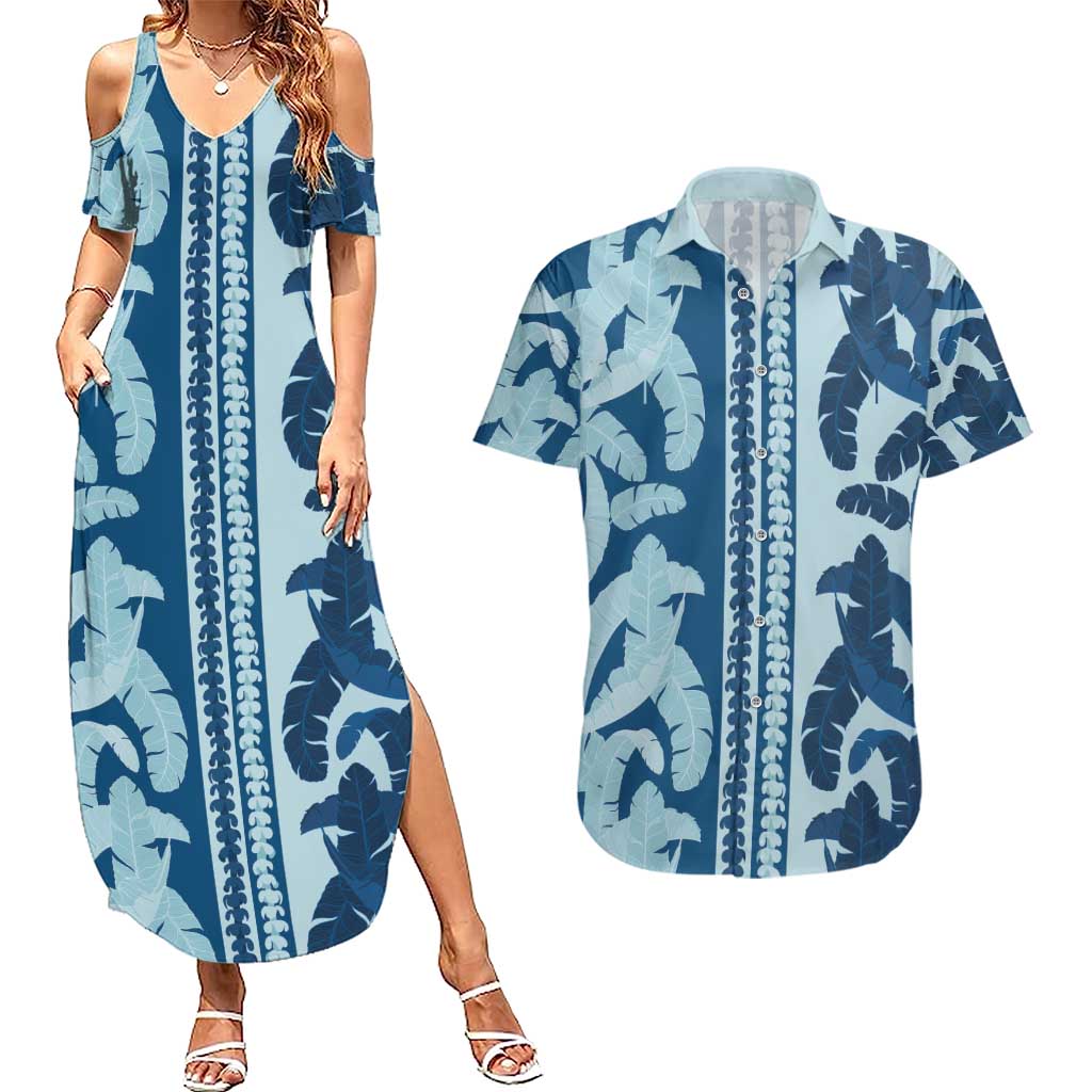Hawaii Pua Kenikeni Lei Couples Matching Summer Maxi Dress and Hawaiian Shirt With Lau Maia Royal Blue LT05 Blue - Polynesian Pride