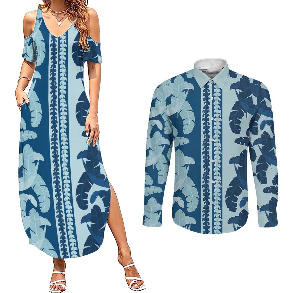 Hawaii Pua Kenikeni Lei Couples Matching Summer Maxi Dress and Long Sleeve Button Shirt With Lau Maia Royal Blue