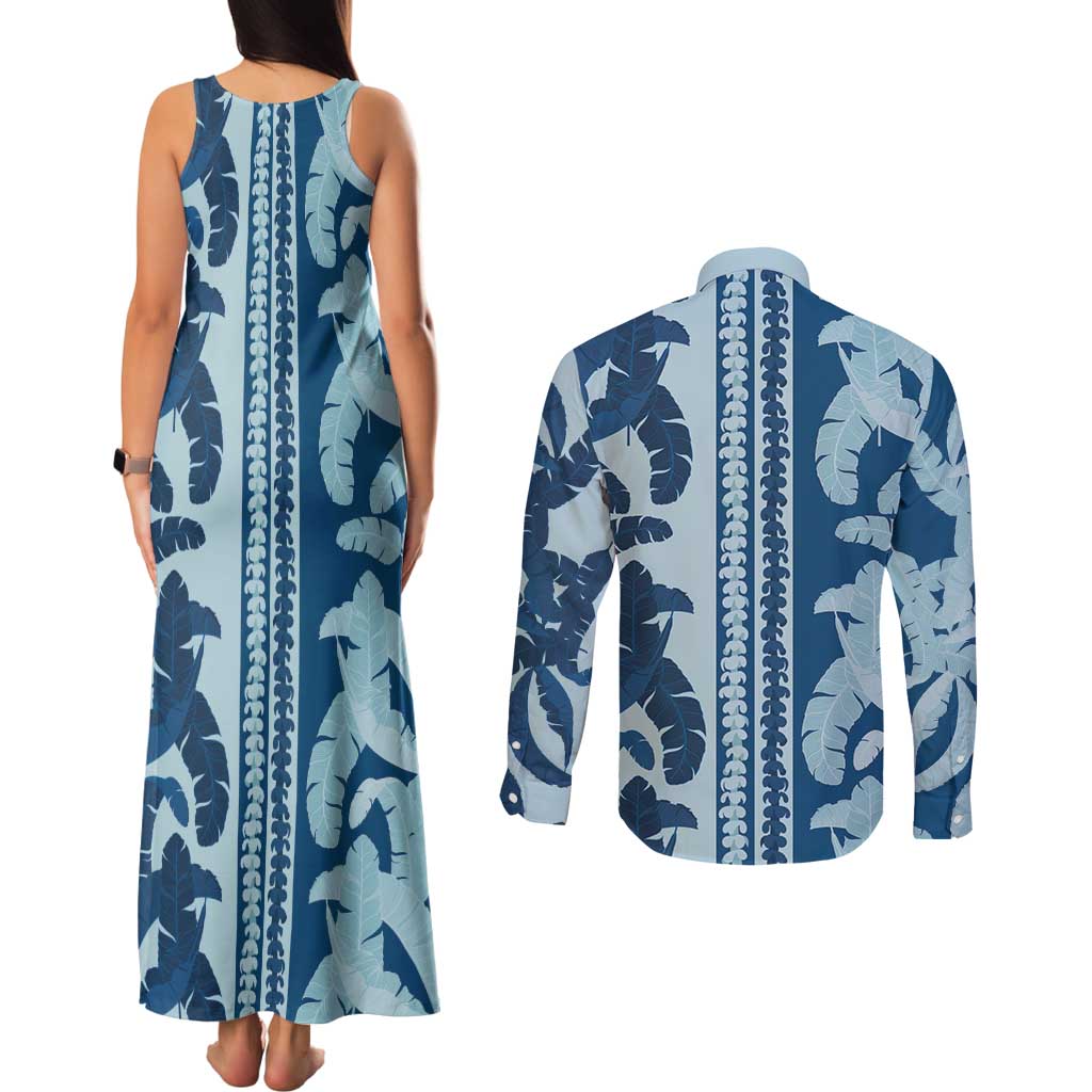 Hawaii Pua Kenikeni Lei Couples Matching Tank Maxi Dress and Long Sleeve Button Shirt With Lau Maia Royal Blue LT05 - Polynesian Pride