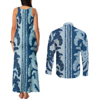 Hawaii Pua Kenikeni Lei Couples Matching Tank Maxi Dress and Long Sleeve Button Shirt With Lau Maia Royal Blue LT05 - Polynesian Pride