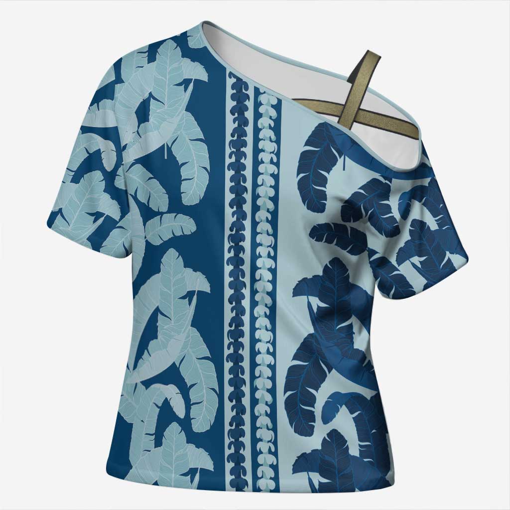 Hawaii Pua Kenikeni Lei Cross Shoulder Shirt With Lau Maia Royal Blue