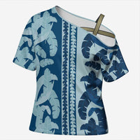 Hawaii Pua Kenikeni Lei Cross Shoulder Shirt With Lau Maia Royal Blue