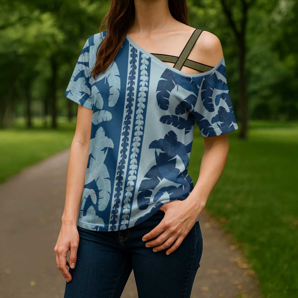 Hawaii Pua Kenikeni Lei Cross Shoulder Shirt With Lau Maia Royal Blue