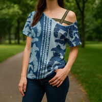 Hawaii Pua Kenikeni Lei Cross Shoulder Shirt With Lau Maia Royal Blue