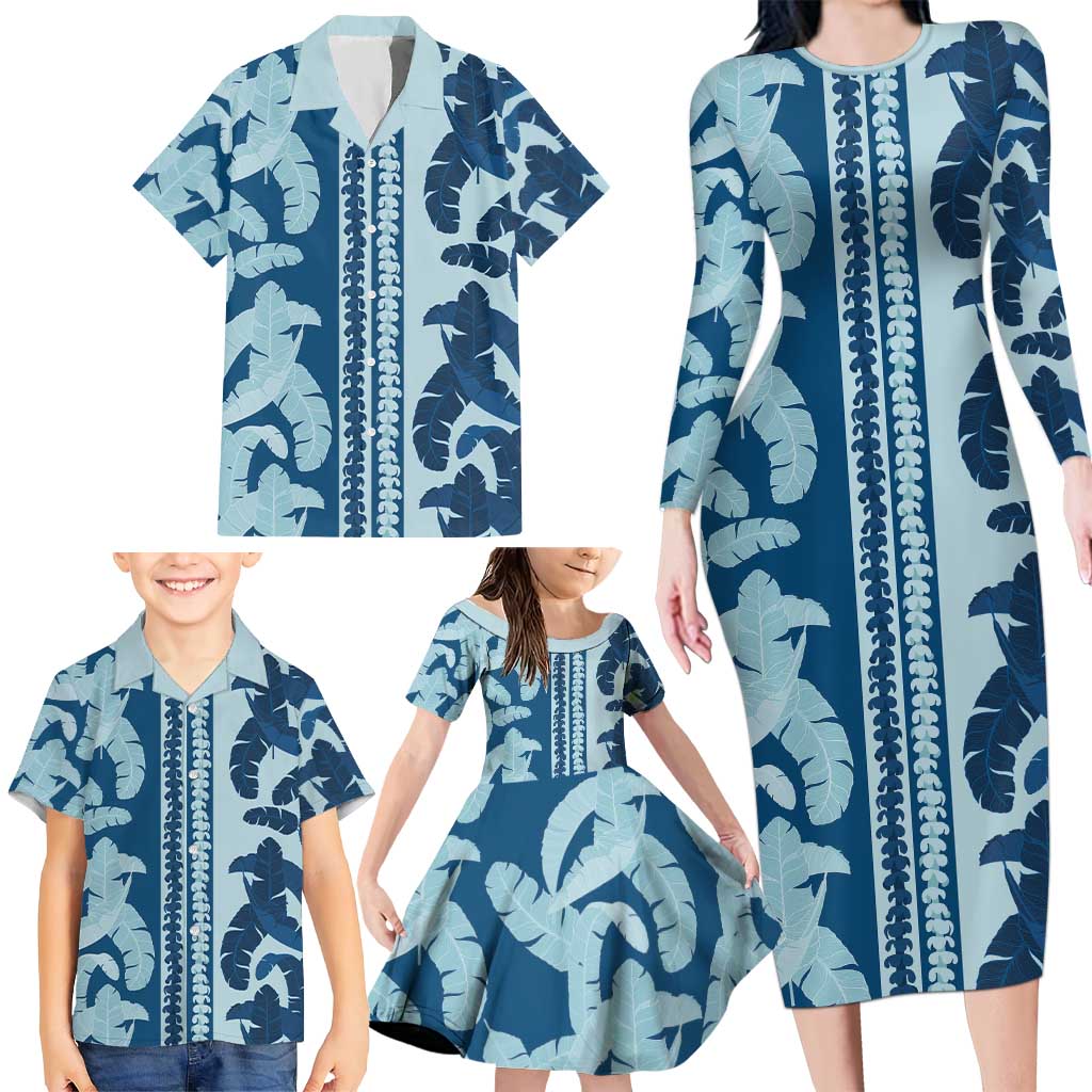 Hawaii Pua Kenikeni Lei Family Matching Long Sleeve Bodycon Dress and Hawaiian Shirt With Lau Maia Royal Blue LT05 - Polynesian Pride