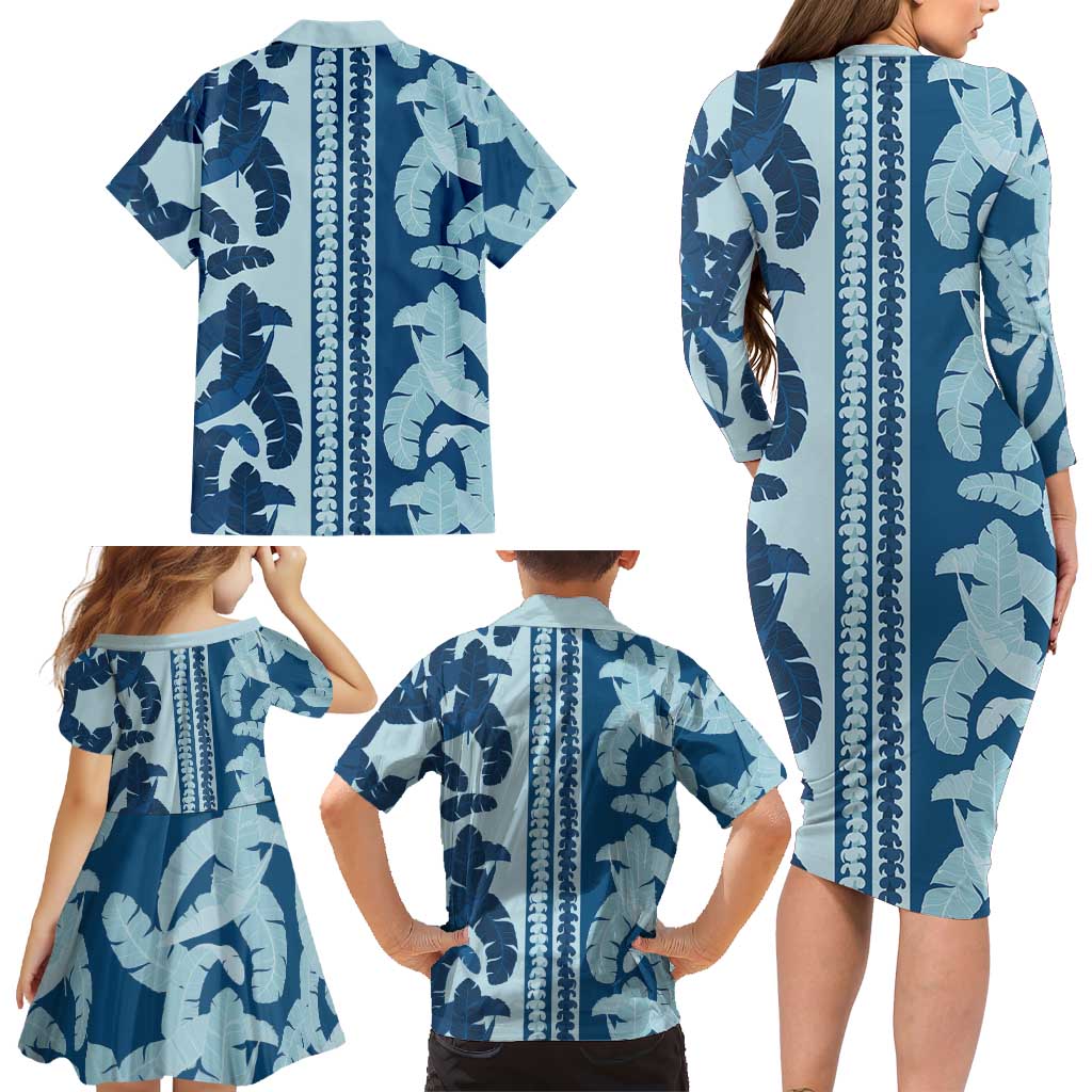 Hawaii Pua Kenikeni Lei Family Matching Long Sleeve Bodycon Dress and Hawaiian Shirt With Lau Maia Royal Blue LT05 - Polynesian Pride