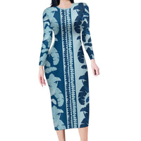 Hawaii Pua Kenikeni Lei Family Matching Long Sleeve Bodycon Dress and Hawaiian Shirt With Lau Maia Royal Blue LT05 Mom's Dress Blue - Polynesian Pride