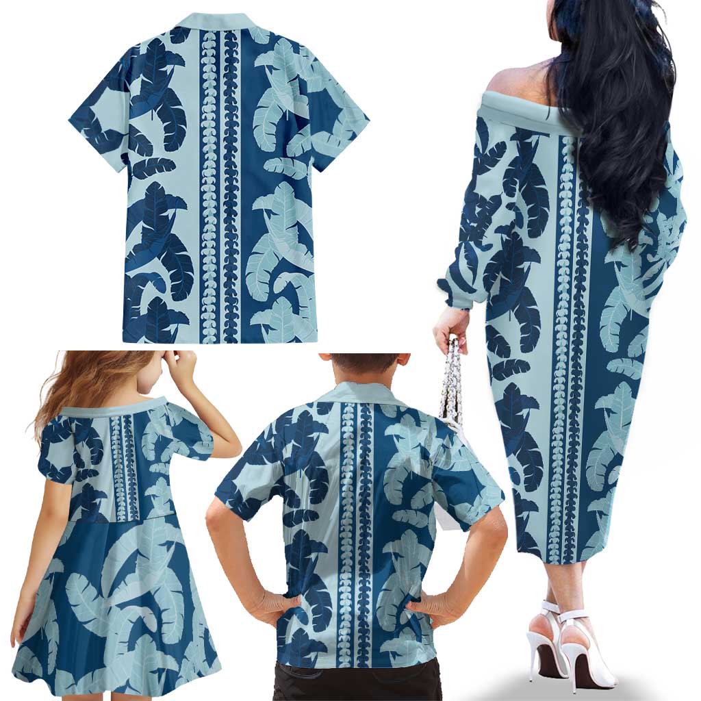 Hawaii Pua Kenikeni Lei Family Matching Off The Shoulder Long Sleeve Dress and Hawaiian Shirt With Lau Maia Royal Blue LT05 - Polynesian Pride