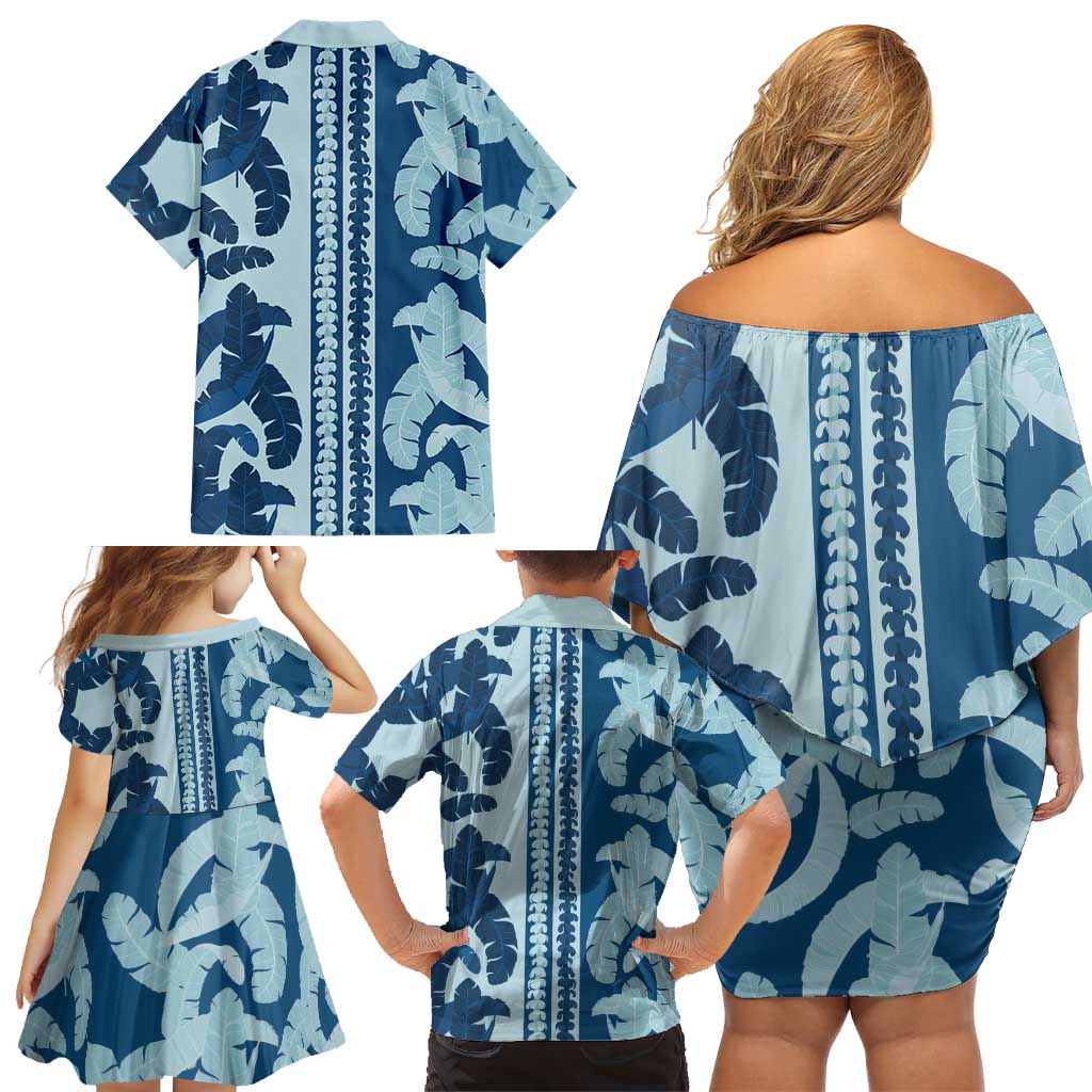 Hawaii Pua Kenikeni Lei Family Matching Off Shoulder Short Dress and Hawaiian Shirt With Lau Maia Royal Blue LT05 - Polynesian Pride
