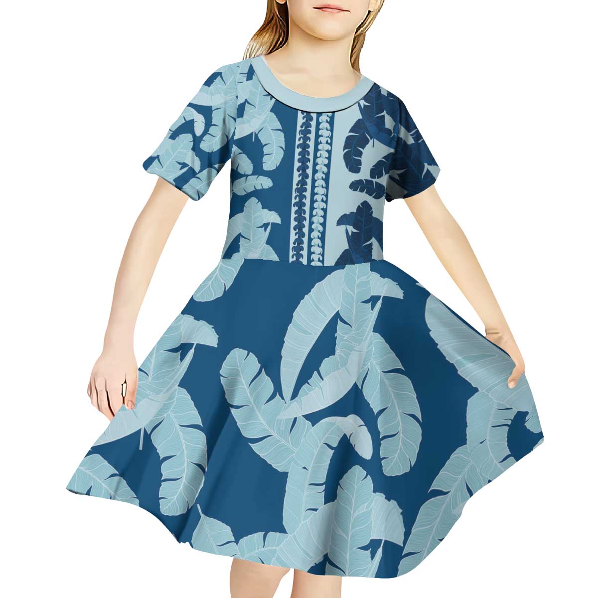 Hawaii Pua Kenikeni Lei Kid Short Sleeve Dress With Lau Maia Royal Blue