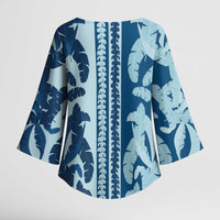 Hawaii Pua Kenikeni Lei Kimono Sleeve Blouse With Lau Maia Royal Blue