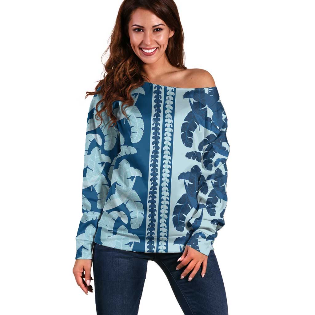 Hawaii Pua Kenikeni Lei Off Shoulder Sweater With Lau Maia Royal Blue
