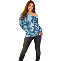 Hawaii Pua Kenikeni Lei Off Shoulder Sweater With Lau Maia Royal Blue