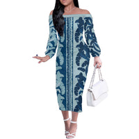 Hawaii Pua Kenikeni Lei Off The Shoulder Long Sleeve Dress With Lau Maia Royal Blue